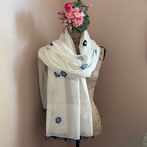 100% Cotton Cream and Blue Shawl